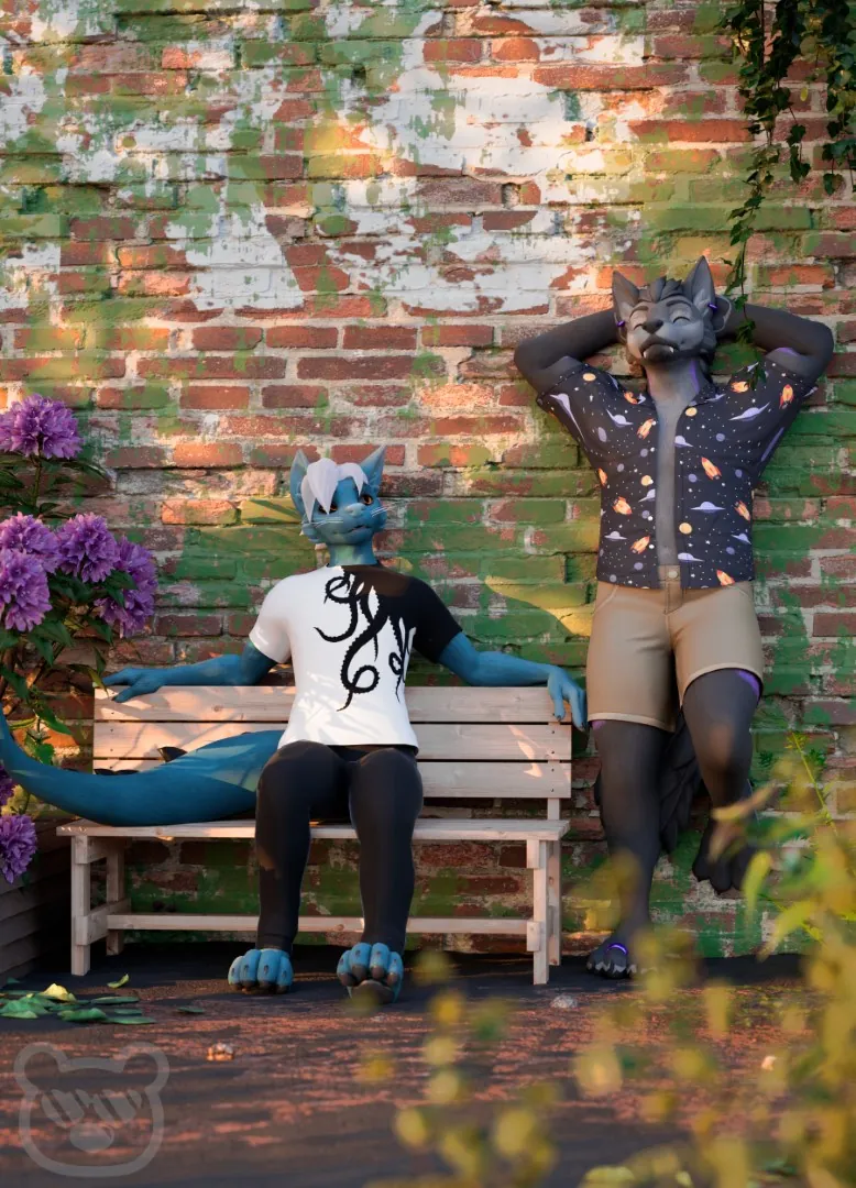 Two characters relaxing on a bench in a sunlit garden